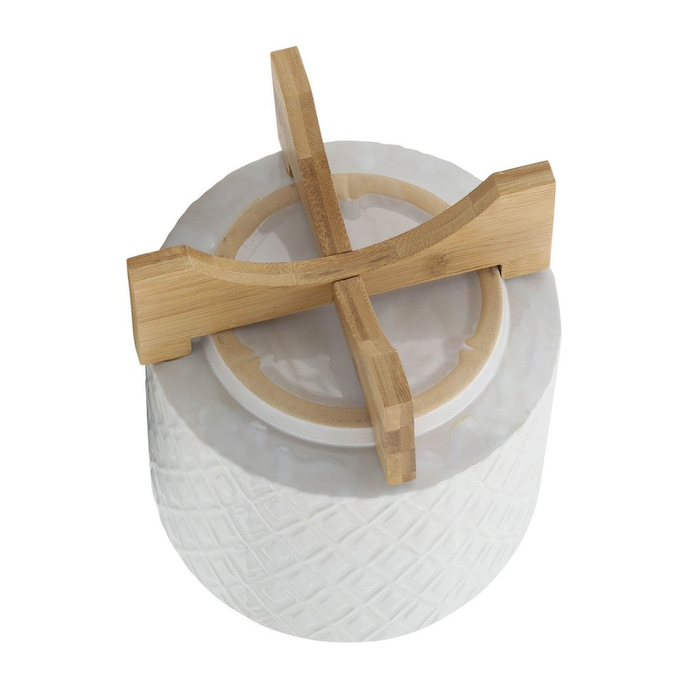 Benjara Jeny Flower Planter Pot on Wood Stand, White Diamond Ceramic 8 Inch