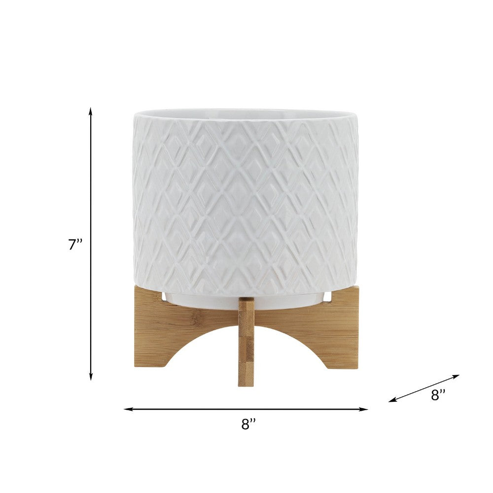 Benjara Jeny Flower Planter Pot on Wood Stand, White Diamond Ceramic 8 Inch