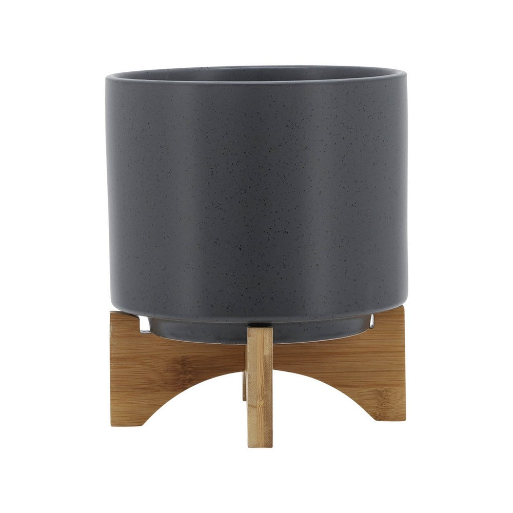Benjara Jeny Flower Planter Pot on Wood Stand, Dark Gray Glazed Ceramic 8 Inch