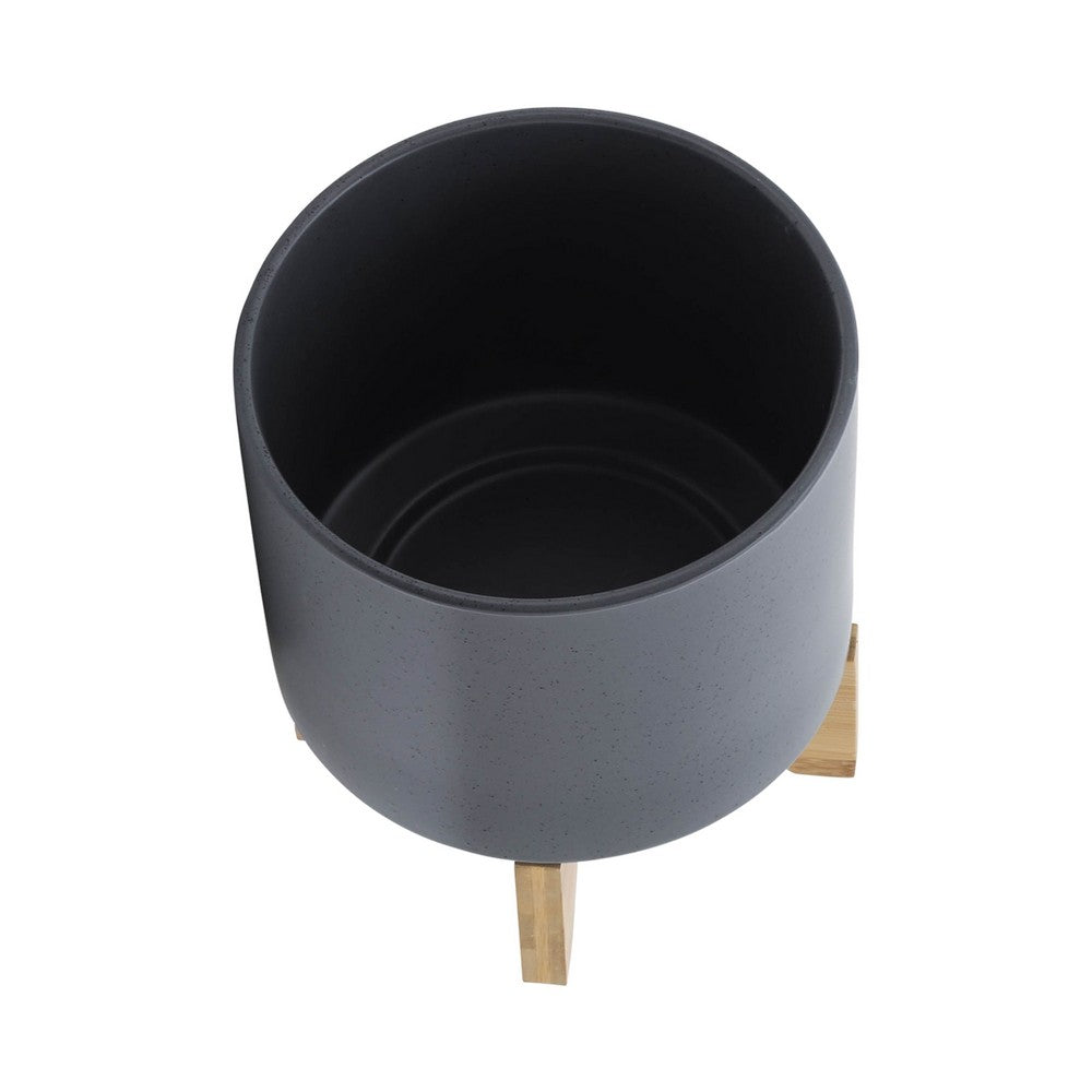 Benjara Jeny Flower Planter Pot on Wood Stand, Dark Gray Glazed Ceramic 8 Inch