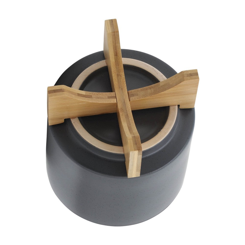 Benjara Jeny Flower Planter Pot on Wood Stand, Dark Gray Glazed Ceramic 8 Inch
