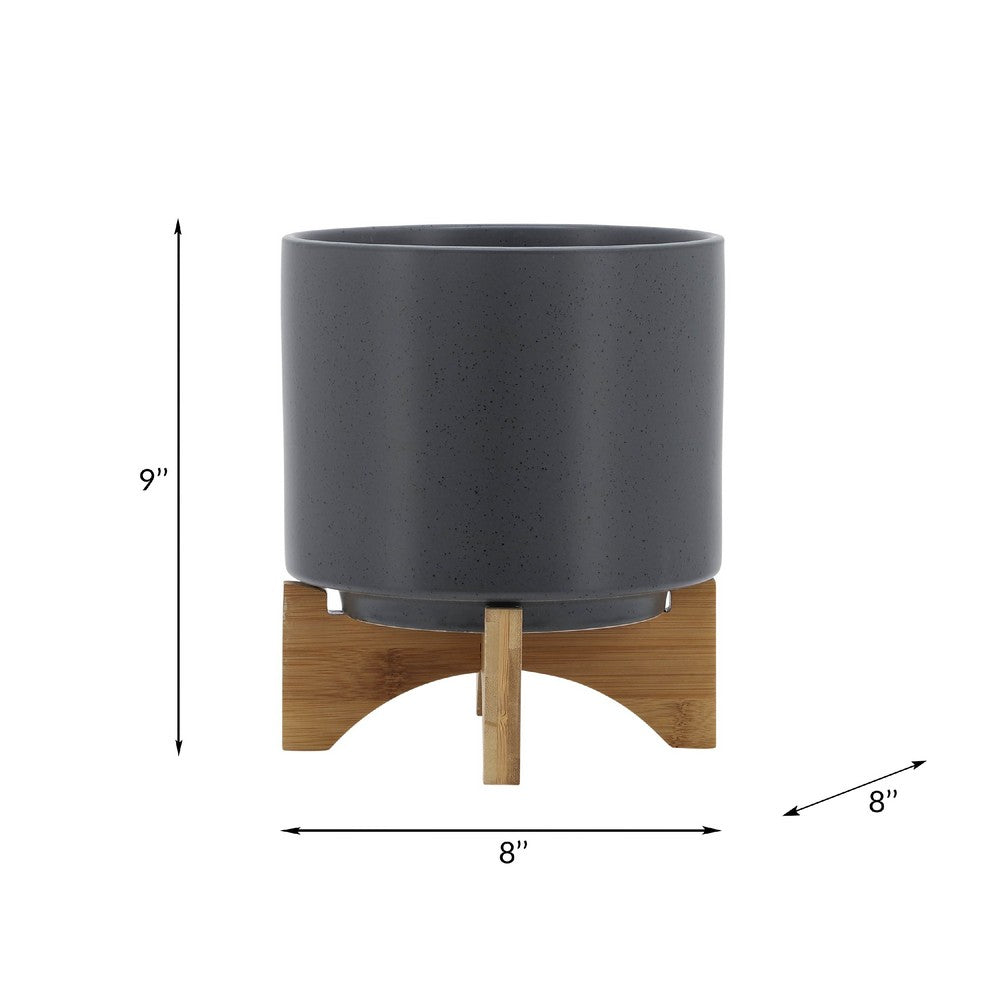Benjara Jeny Flower Planter Pot on Wood Stand, Dark Gray Glazed Ceramic 8 Inch