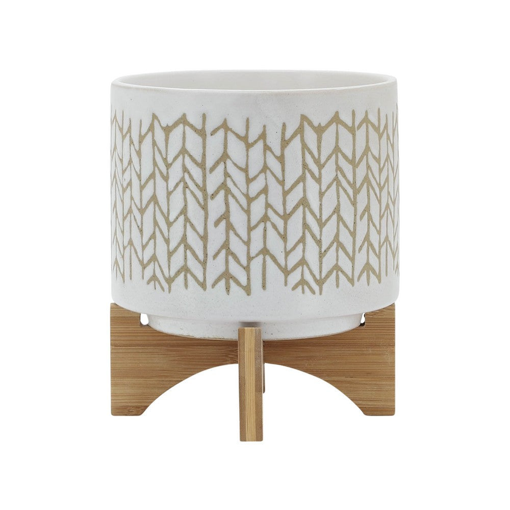 Benjara Jeny Flower Planter Pot on Wood Stand, White Beige Chevron Ceramic 8 Inch