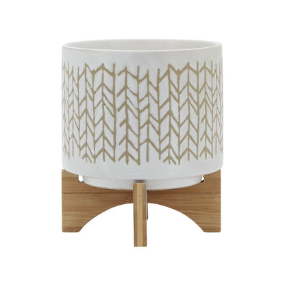 Benjara Jeny Flower Planter Pot on Wood Stand, White Beige Chevron Ceramic 8 Inch