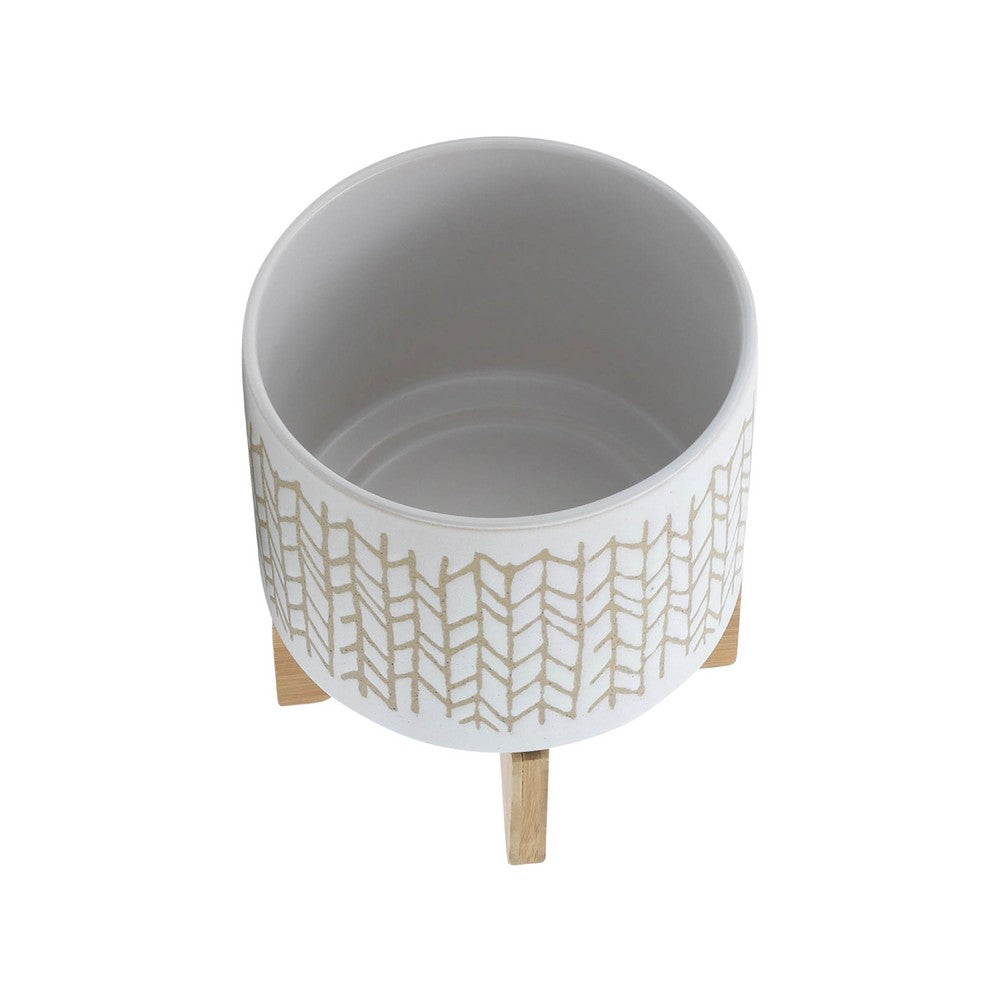 Benjara Jeny Flower Planter Pot on Wood Stand, White Beige Chevron Ceramic 8 Inch