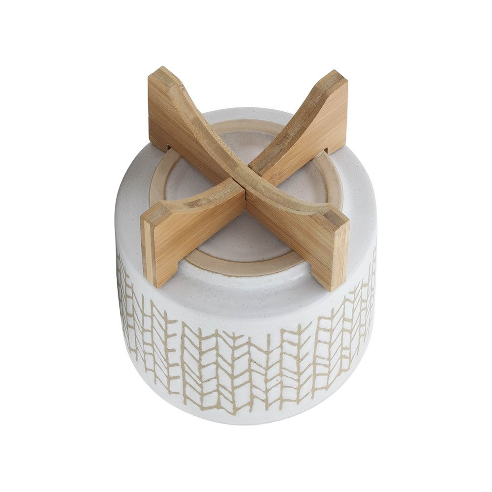 Benjara Jeny Flower Planter Pot on Wood Stand, White Beige Chevron Ceramic 8 Inch