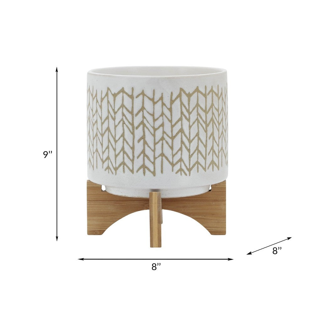 Benjara Jeny Flower Planter Pot on Wood Stand, White Beige Chevron Ceramic 8 Inch