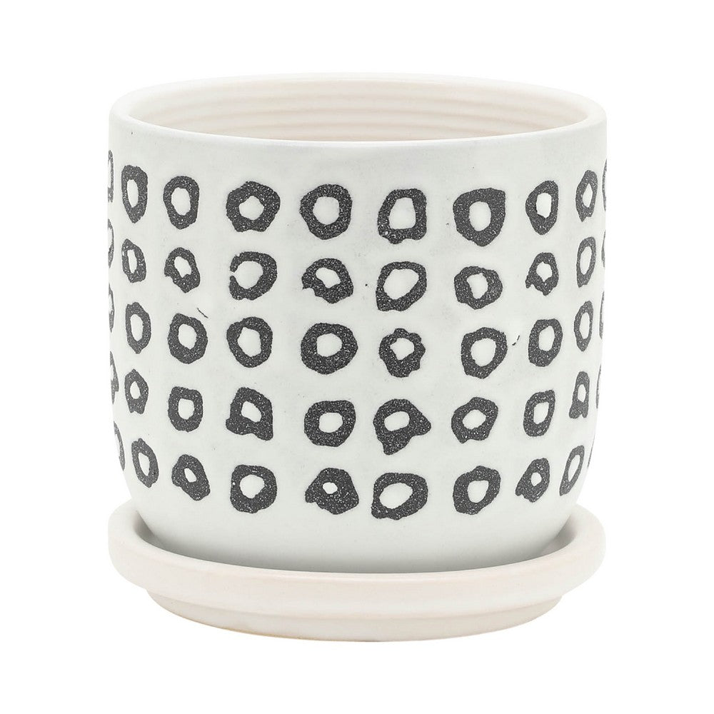 Benjara Set of 2 Flower Planters w Saucers, Black And White Aztec Ceramic 5/6 Inch