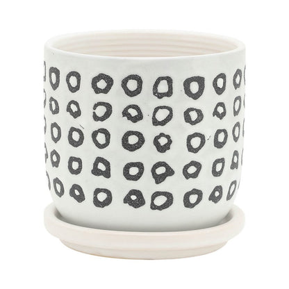 Benjara Set of 2 Flower Planters w Saucers, Black And White Aztec Ceramic 5/6 Inch