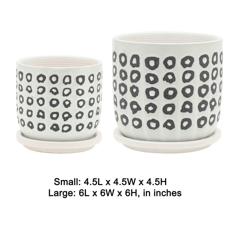 Benjara Set of 2 Flower Planters w Saucers, Black And White Aztec Ceramic 5/6 Inch