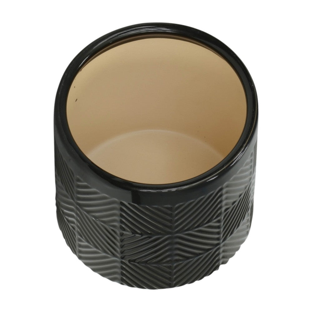 Benjara Decorative Flower Planter Set of 2, Shiny Black Textured Ceramic 6/8 Inch