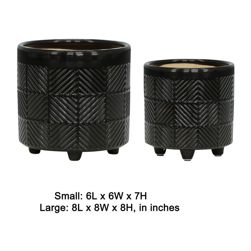 Benjara Decorative Flower Planter Set of 2, Shiny Black Textured Ceramic 6/8 Inch