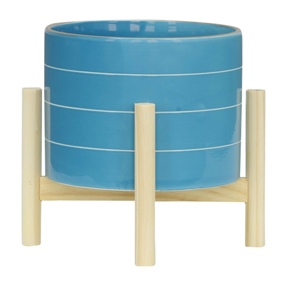 Benjara Indoor Outdoor Flower Planter, Wood Stand, Sky Blue Striped Ceramic 8 Inch