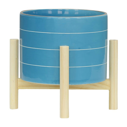 Benjara Indoor Outdoor Flower Planter, Wood Stand, Sky Blue Striped Ceramic 8 Inch