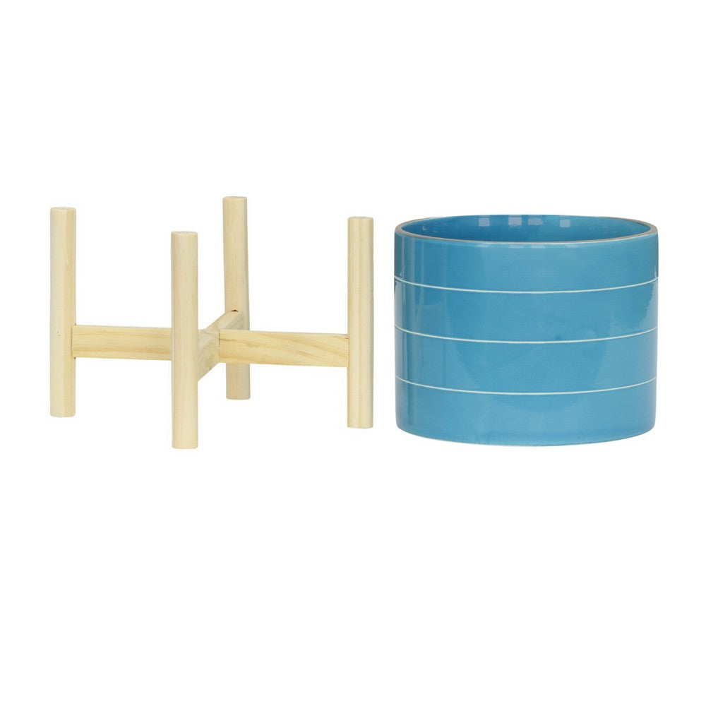 Benjara Indoor Outdoor Flower Planter, Wood Stand, Sky Blue Striped Ceramic 8 Inch