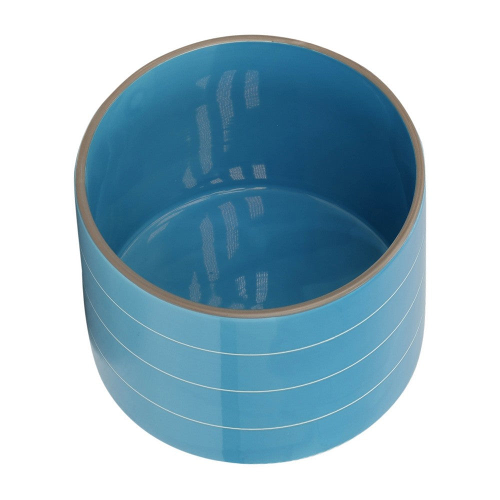 Benjara Indoor Outdoor Flower Planter, Wood Stand, Sky Blue Striped Ceramic 8 Inch