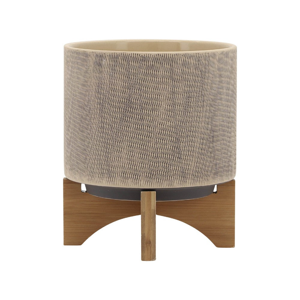 Benjara Feny Flower Planter on Stand Set of 2, Tan Brown Mesh Ceramic 5/8 Inch