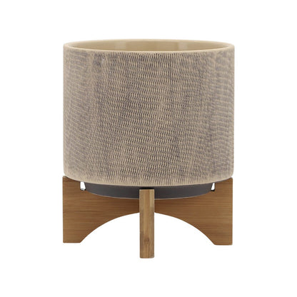 Benjara Feny Flower Planter on Stand Set of 2, Tan Brown Mesh Ceramic 5/8 Inch