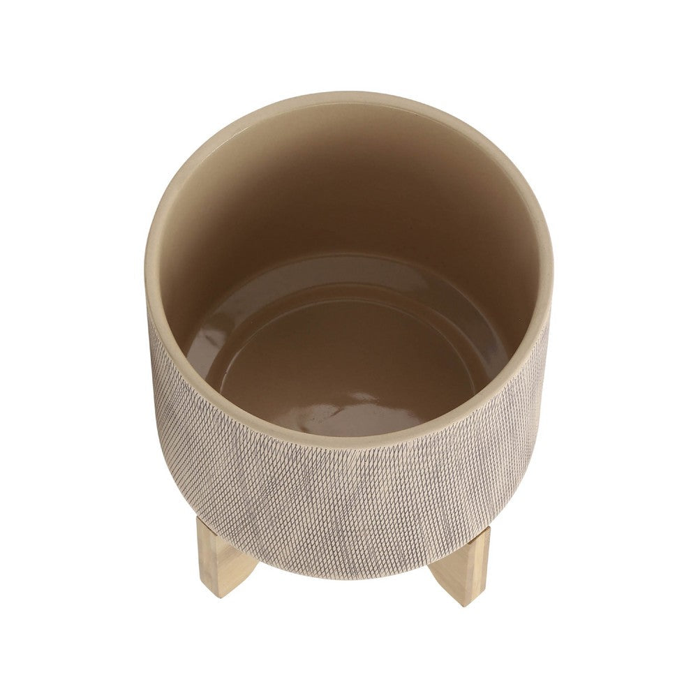 Benjara Feny Flower Planter on Stand Set of 2, Tan Brown Mesh Ceramic 5/8 Inch