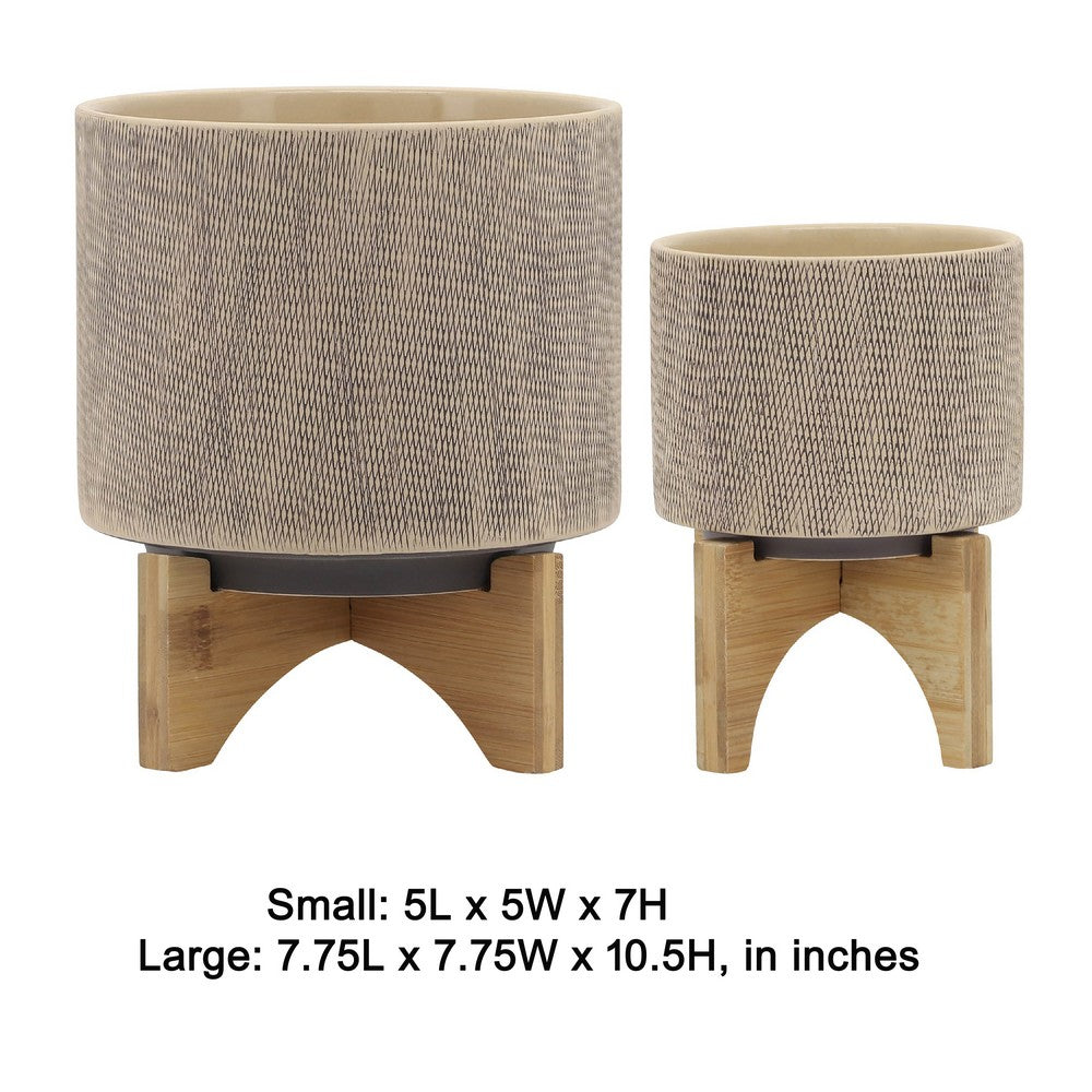Benjara Feny Flower Planter on Stand Set of 2, Tan Brown Mesh Ceramic 5/8 Inch