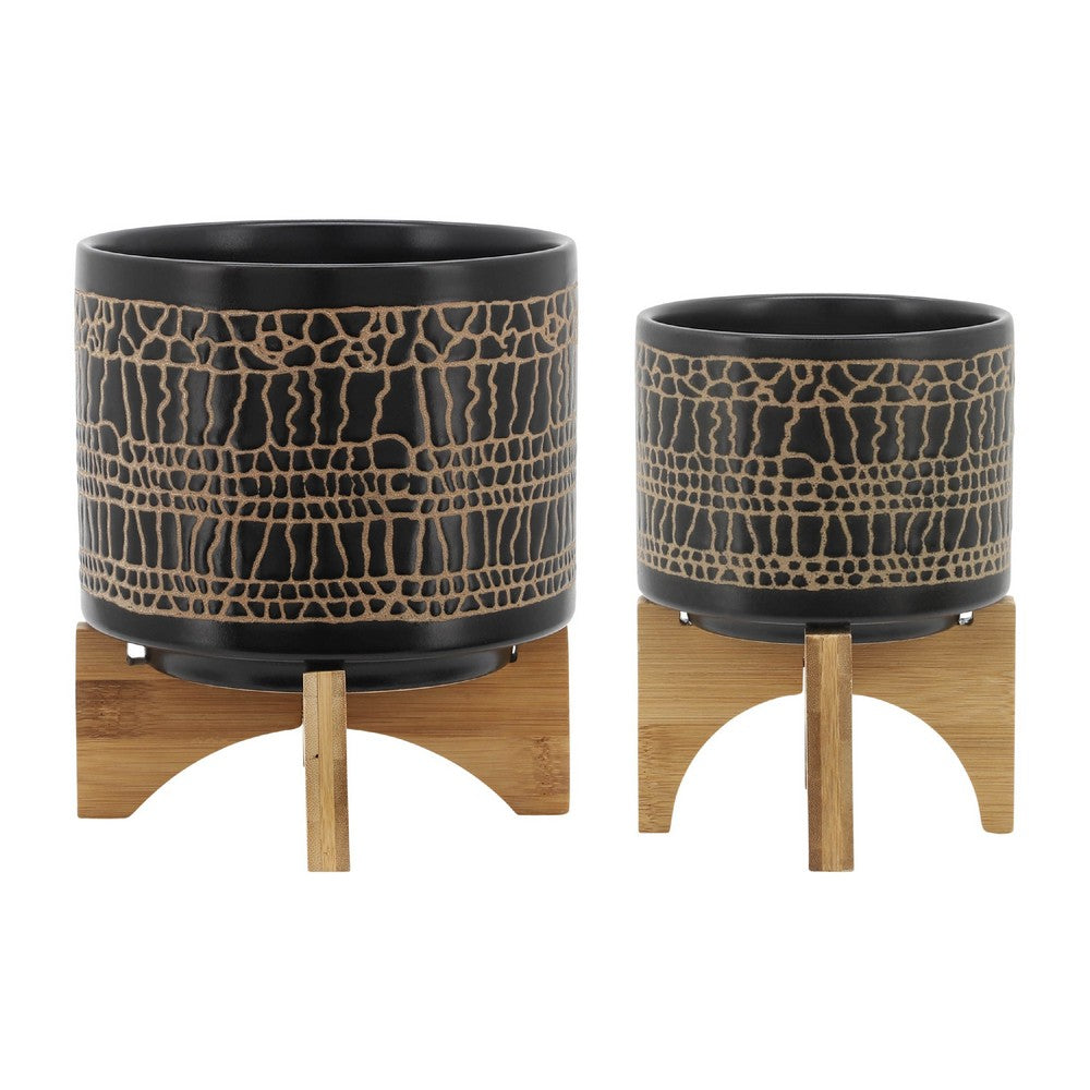 Benjara Feny Flower Planter on Wood Stand Set of 2, Black Glazed Ceramic 5/8 Inch