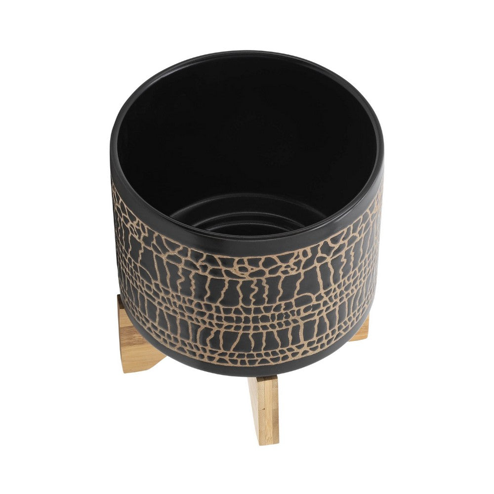 Benjara Feny Flower Planter on Wood Stand Set of 2, Black Glazed Ceramic 5/8 Inch