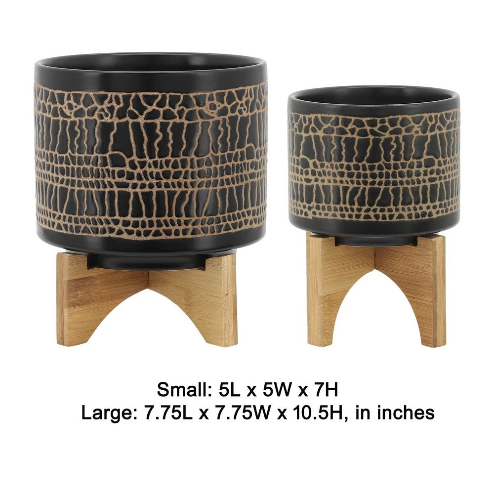 Benjara Feny Flower Planter on Wood Stand Set of 2, Black Glazed Ceramic 5/8 Inch