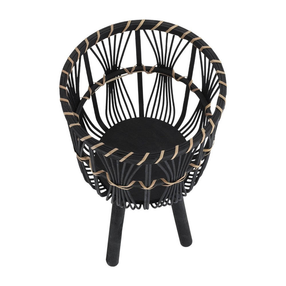 Benjara Mesy Set of 3 Planters on Legs, Black Bamboo Weave Design 11/13/15 Inch