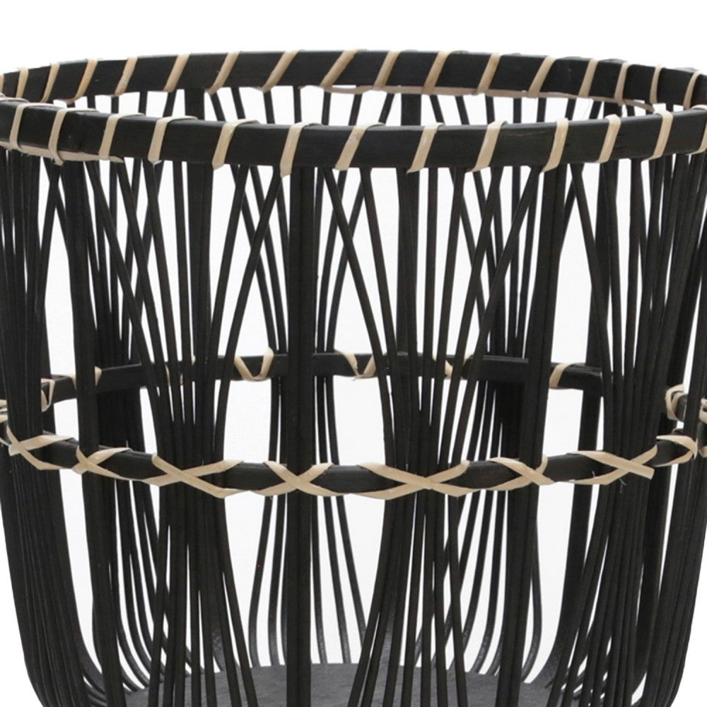 Benjara Mesy Set of 3 Planters on Legs, Black Bamboo Weave Design 11/13/15 Inch