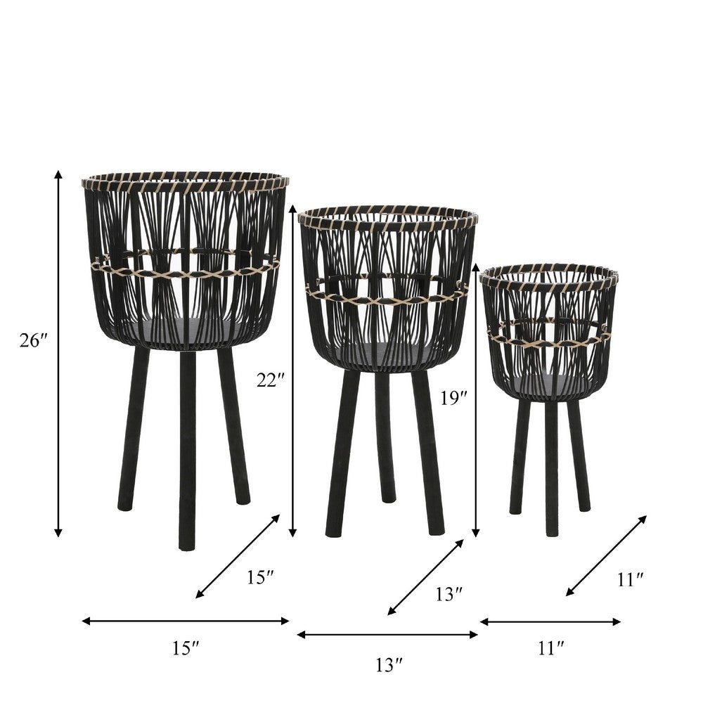Benjara Mesy Set of 3 Planters on Legs, Black Bamboo Weave Design 11/13/15 Inch