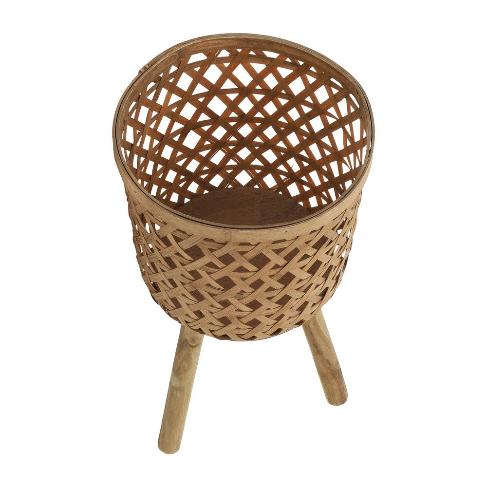 Benjara Mesy Flower Planter on Legs Set of 3, Brown Open Weave Bamboo 11/13/15 Inch