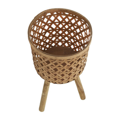 Benjara Mesy Flower Planter on Legs Set of 3, Brown Open Weave Bamboo 11/13/15 Inch