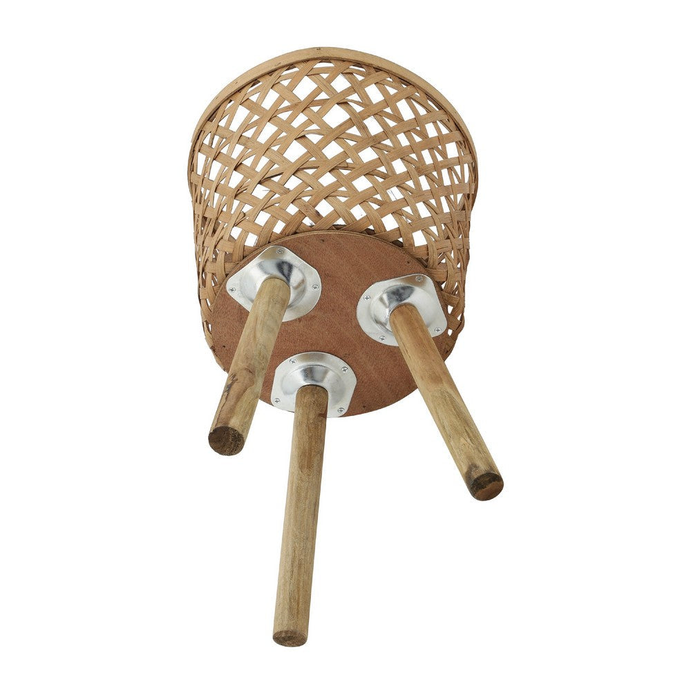 Benjara Mesy Flower Planter on Legs Set of 3, Brown Open Weave Bamboo 11/13/15 Inch