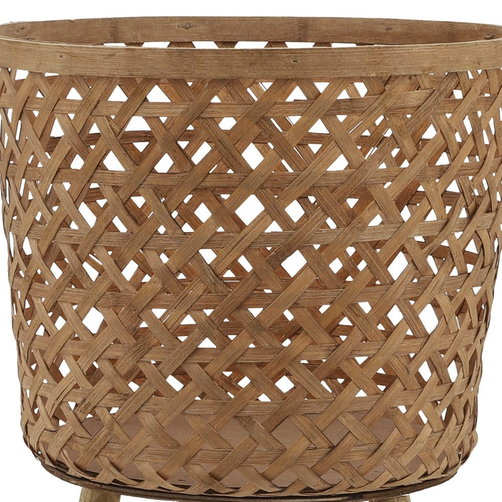 Benjara Mesy Flower Planter on Legs Set of 3, Brown Open Weave Bamboo 11/13/15 Inch