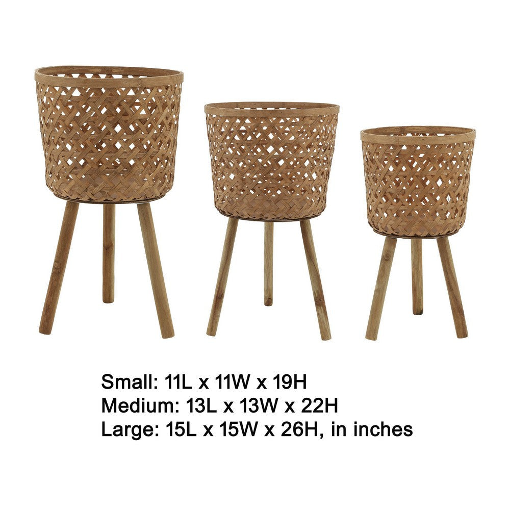 Benjara Mesy Flower Planter on Legs Set of 3, Brown Open Weave Bamboo 11/13/15 Inch
