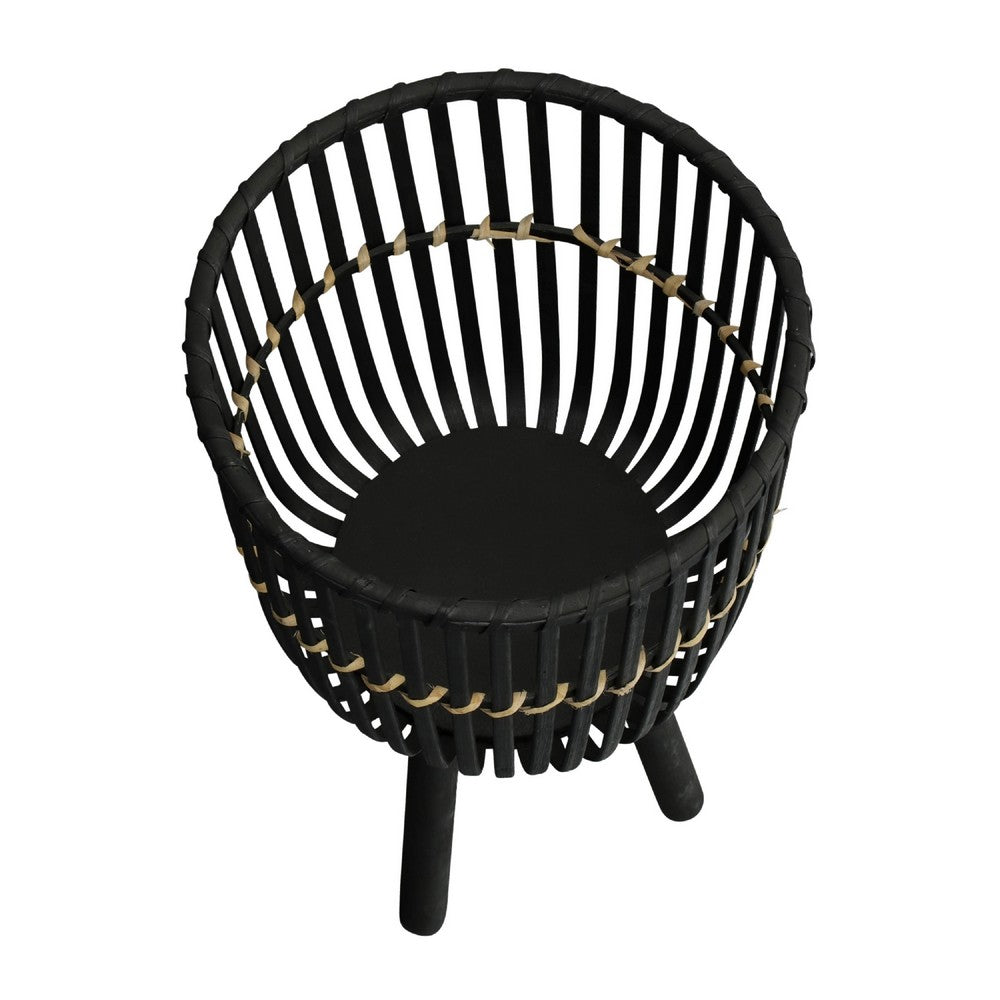Benjara Mesy Flower Planter on Tripod Set of 3, Black Bamboo Net Weave 11/13/15 Inch