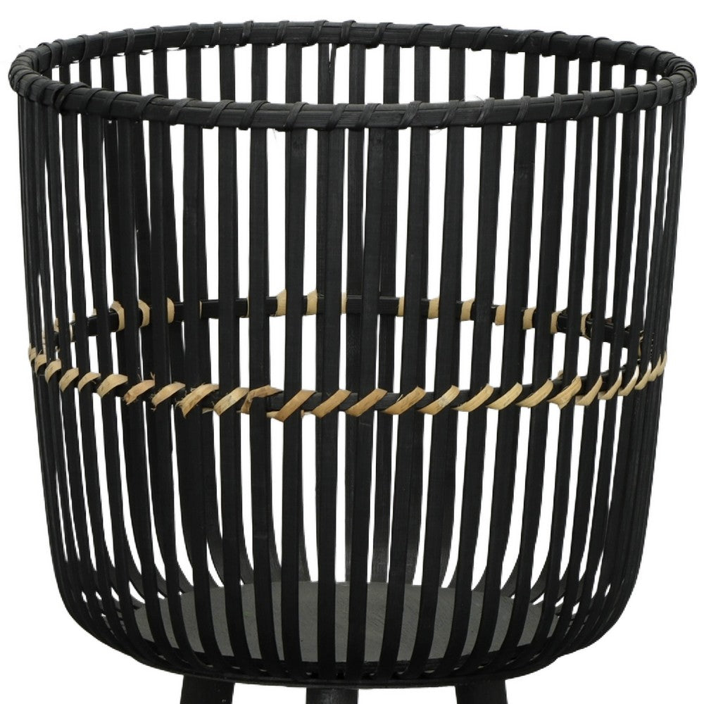 Benjara Mesy Flower Planter on Tripod Set of 3, Black Bamboo Net Weave 11/13/15 Inch