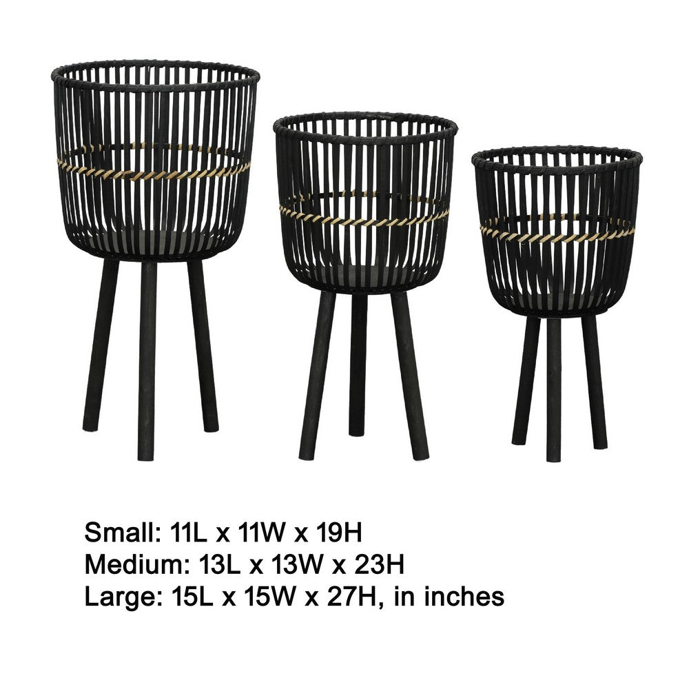 Benjara Mesy Flower Planter on Tripod Set of 3, Black Bamboo Net Weave 11/13/15 Inch