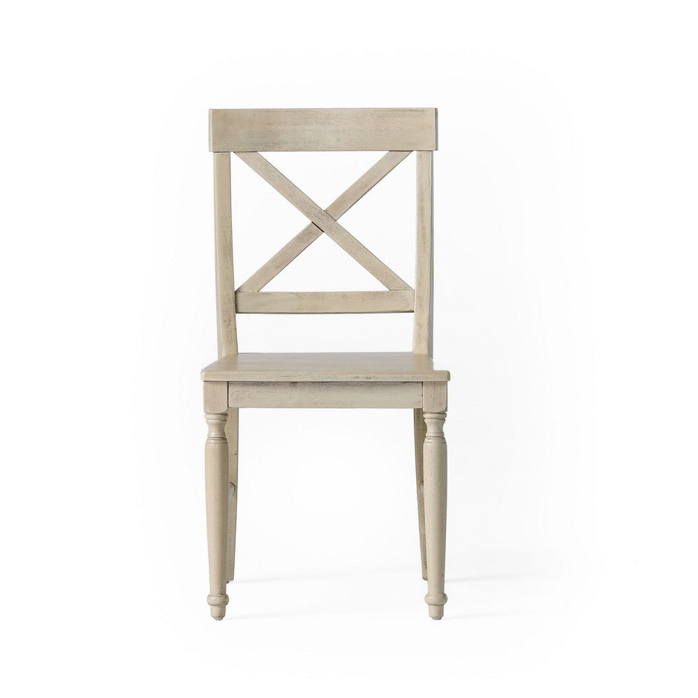 Benjara Umey Dining Side Chair Set of 2, X-Shaped Back, Antique White Finished Wood