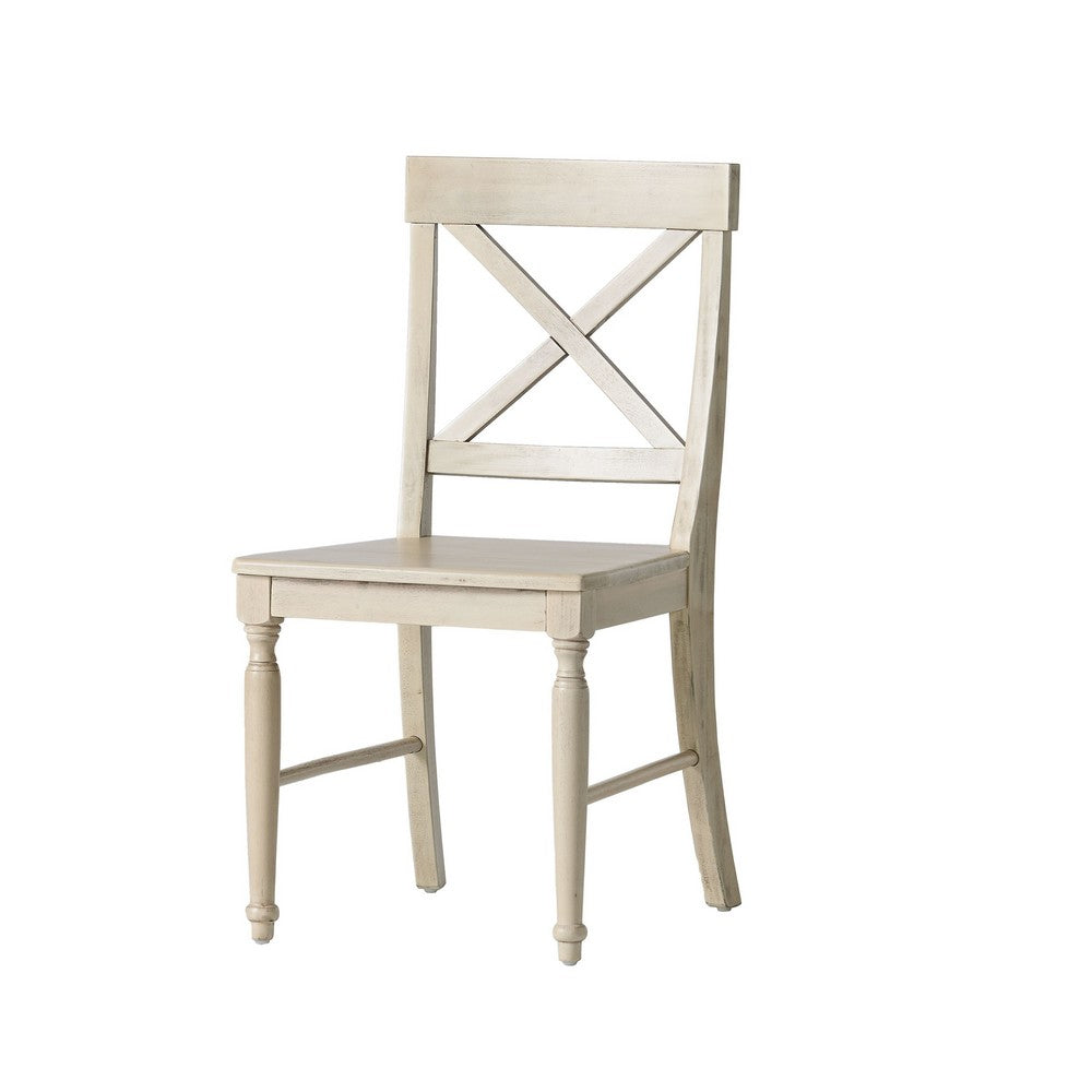Benjara Umey Dining Side Chair Set of 2, X-Shaped Back, Antique White Finished Wood