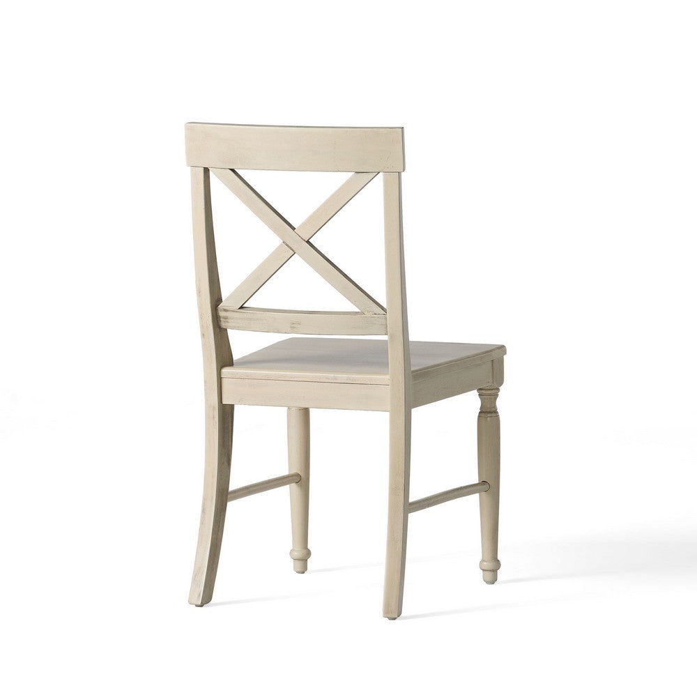 Benjara Umey Dining Side Chair Set of 2, X-Shaped Back, Antique White Finished Wood