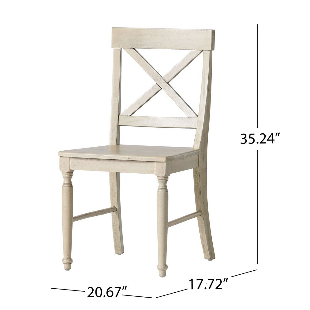 Benjara Umey Dining Side Chair Set of 2, X-Shaped Back, Antique White Finished Wood