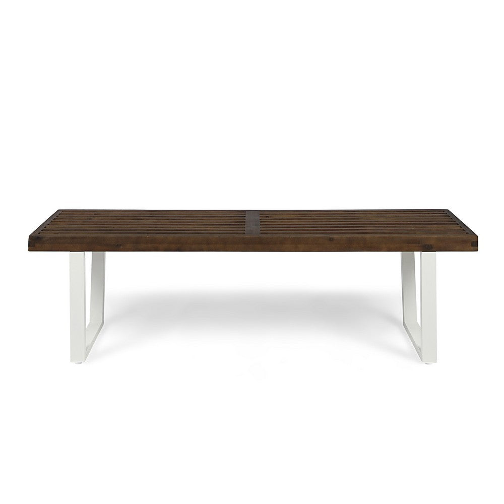 Benjara Outdoor Dining Bench, Slatted Wood Seat, Iron Base, Brown And White 62 Inch