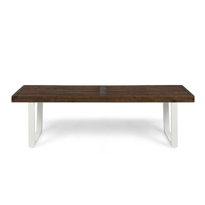 Benjara Outdoor Dining Bench, Slatted Wood Seat, Iron Base, Brown And White 62 Inch