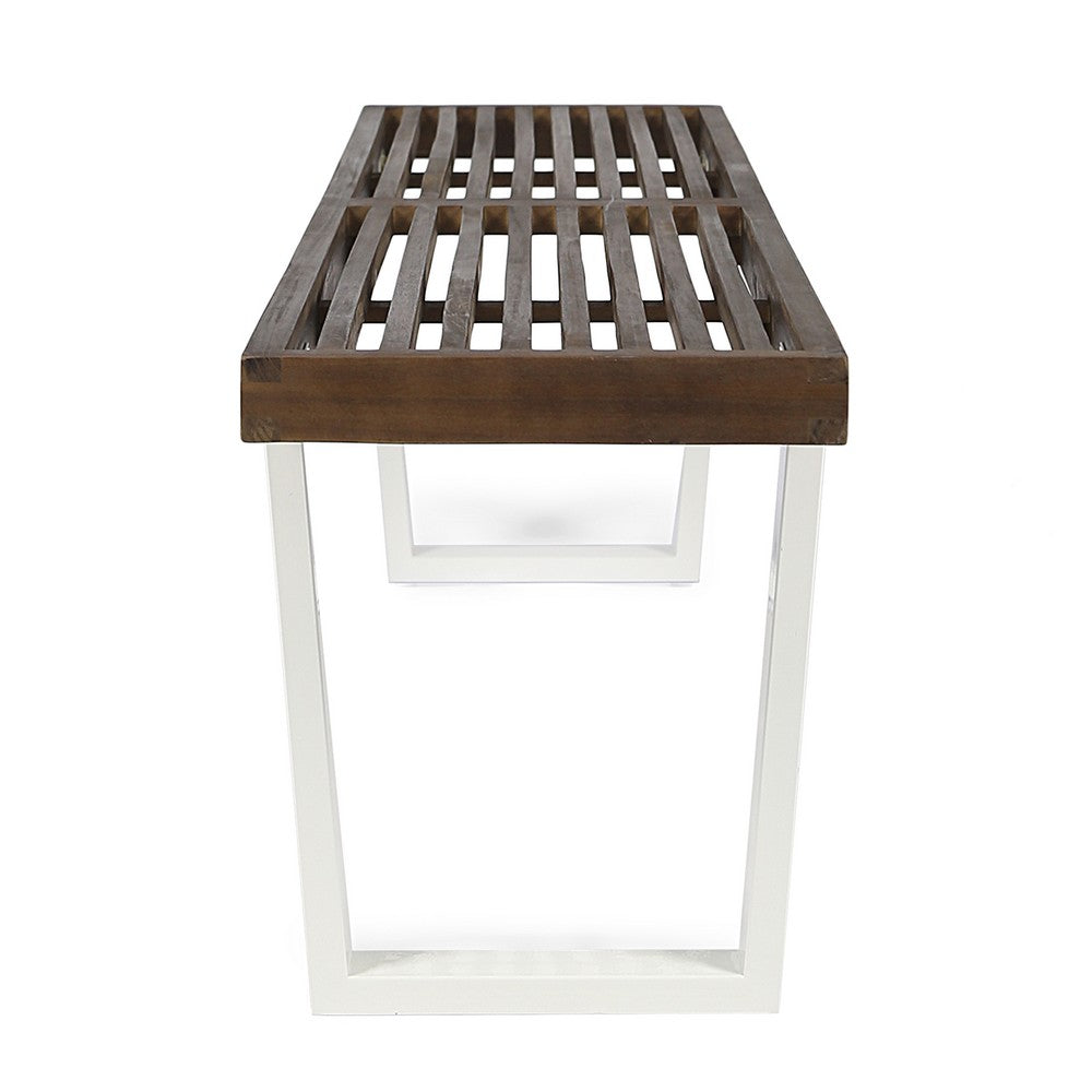 Benjara Outdoor Dining Bench, Slatted Wood Seat, Iron Base, Brown And White 62 Inch