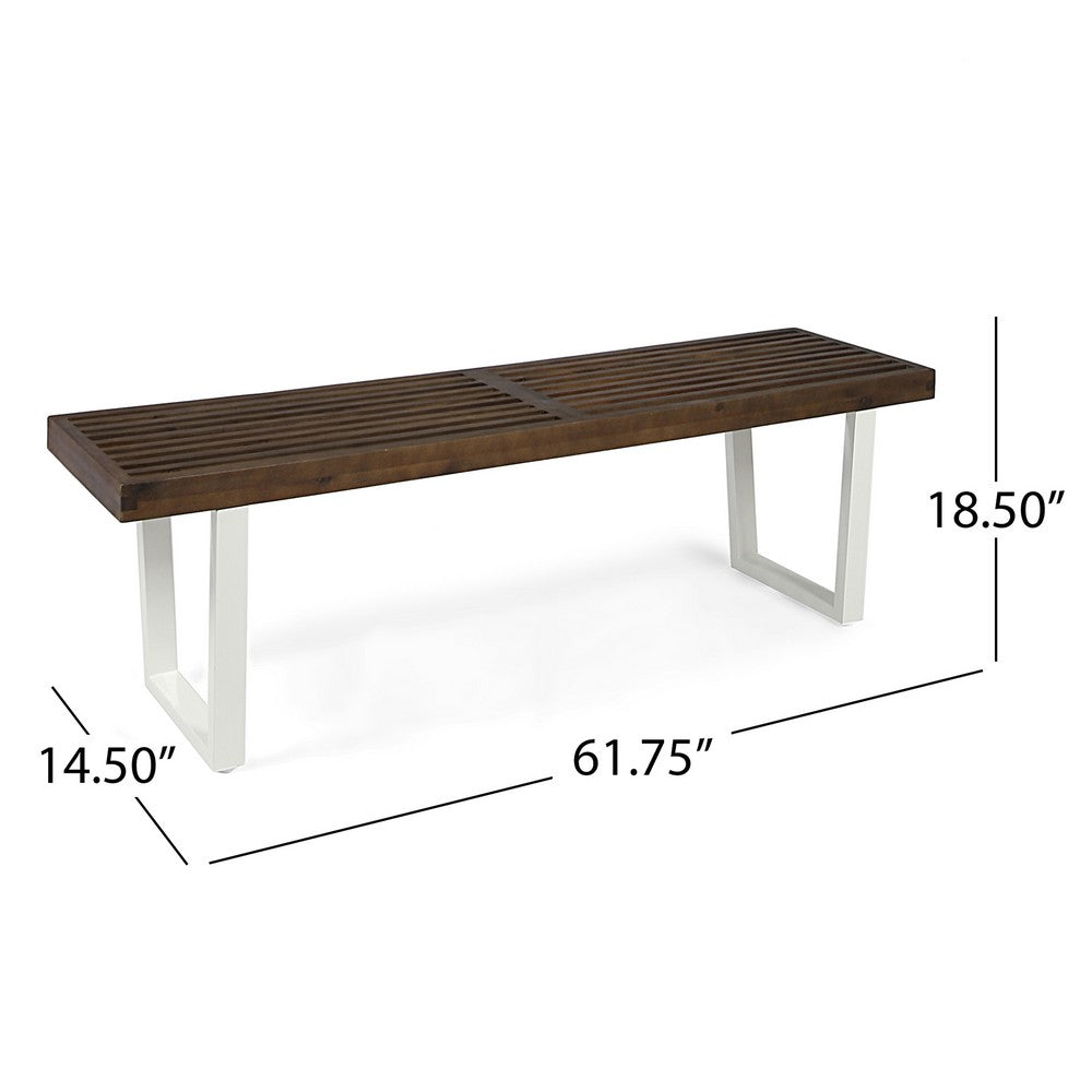 Benjara Outdoor Dining Bench, Slatted Wood Seat, Iron Base, Brown And White 62 Inch