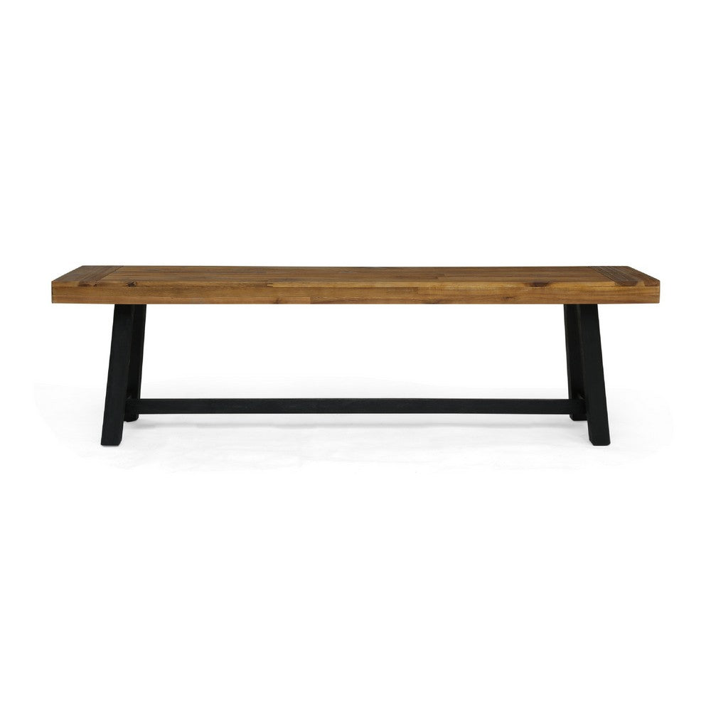 Benjara Outdoor Bench Set of 2, Slatted Top, H-Stretcher Brown And Black, 63 Inch