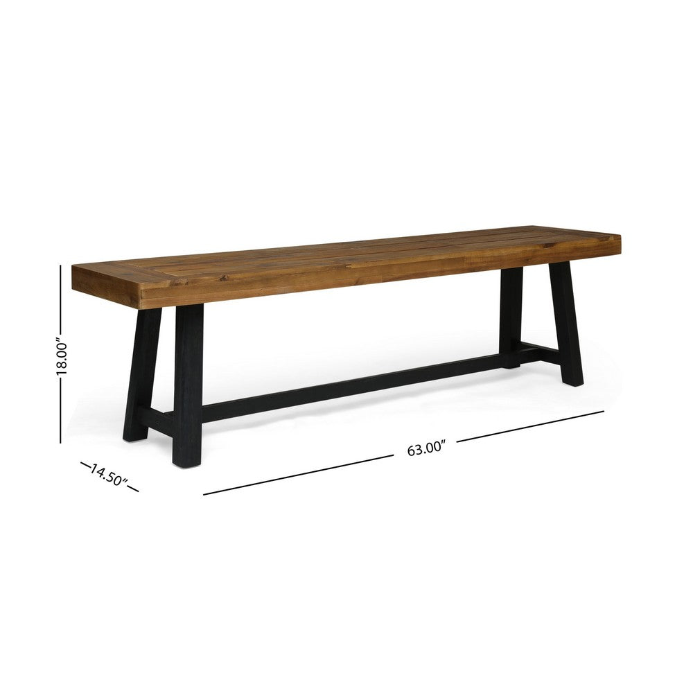 Benjara Outdoor Bench Set of 2, Slatted Top, H-Stretcher Brown And Black, 63 Inch