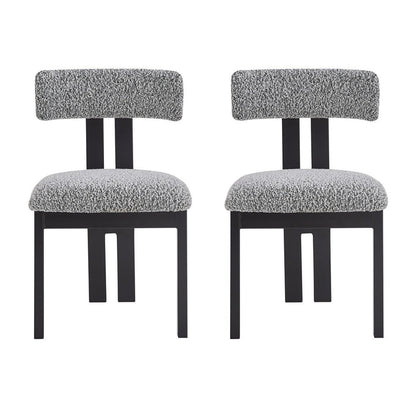 Benjara Dining Side Chair Set of 2, Curved Back, Black Metal Legs, White Fabric