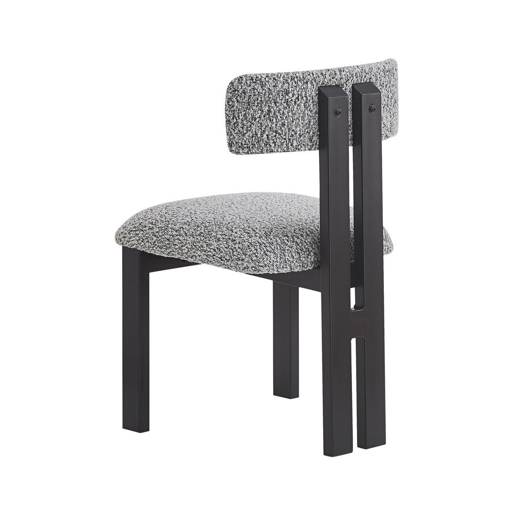 Benjara Dining Side Chair Set of 2, Curved Back, Black Metal Legs, White Fabric